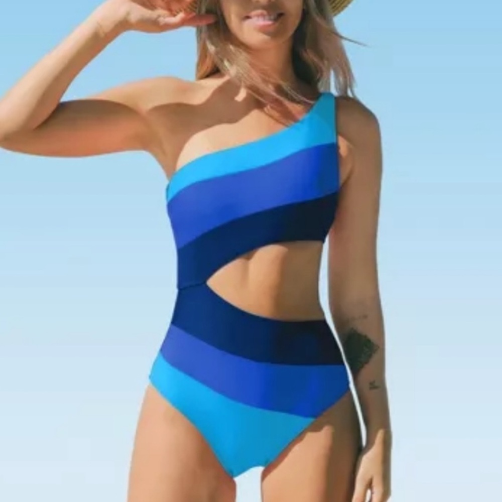 CUPSHE Women's One Shoulder Cutout Color Block One Piece Swimsuit Size M H-24